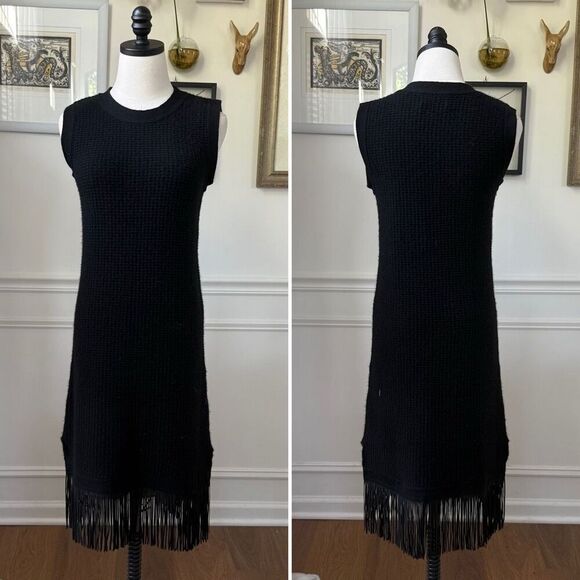 Allude Black Cashmere Waffle Knit Sleeveless Fringe Midi Dress Black $500 M